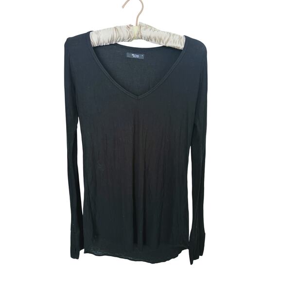 Michael Lauren Otis Black Ribbed V-neck Long Sleeve Top Medium Minimalist Layer - Picture 2 of 7